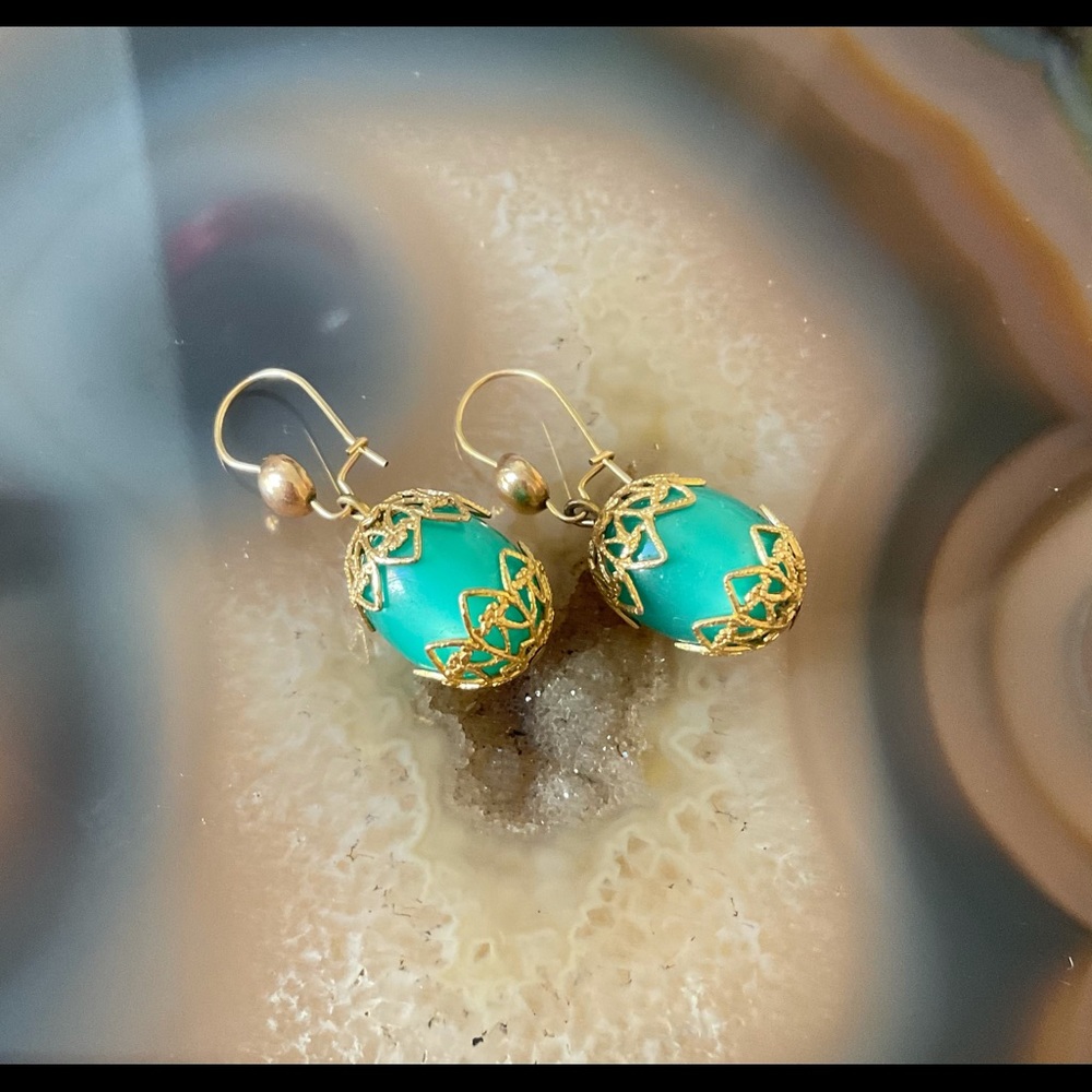 Turquoise dangle earrings gold filigree hippie jewelry